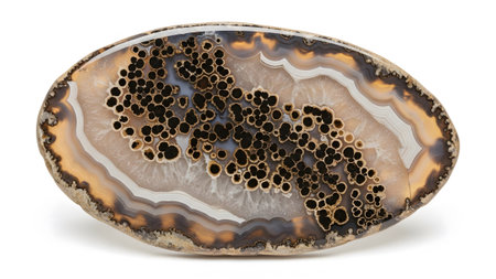 A polished oval agate slice a central cluster of black cavities surrounded by bands of white...