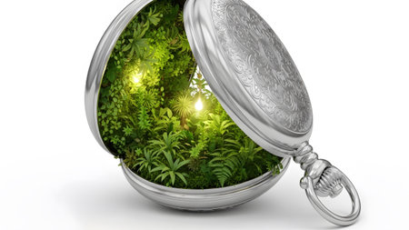 showing open pocket watch containing lush green plants and lights on white background....