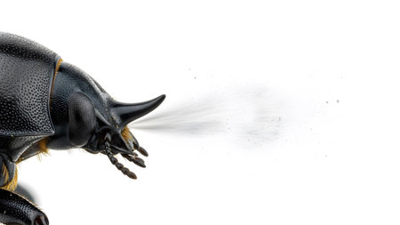 Against showing rhinoceros beetle spraying liquid against a white background extreme close-up...