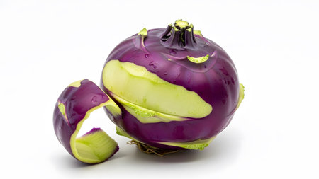 Skin showing purple kohlrabi with a large peel section removed on white backgroundの写真素材