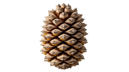 Background showing pinecone like seed pod with brown scales and yellow centers on white...