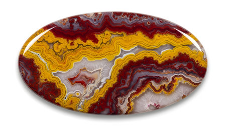 showing oval polished agate stone with vivid swirling patterns of red yellow and white....