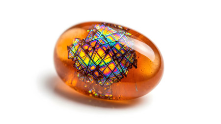 A smooth, oval, translucent amber cabochon revealing a complex, colorful geometric pattern inside.