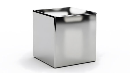 A perfectly smooth, highly reflective metallic silver cube sits on a white surface, casting a...