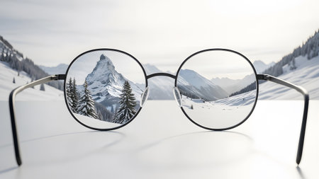 Round wire-framed glasses reflect a sharp view of a snow-capped mountain peak surrounded by pine...