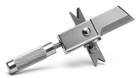 A precision metal cutting tool with a sharp blade, adjustable mechanism, and a silver knurled...