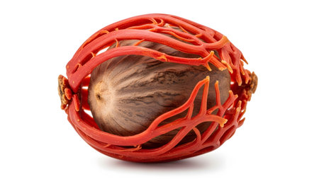 A vibrant red aril encases a striped brown palm nut seed against a clean white background.