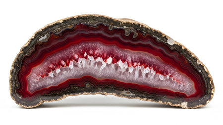 A cross-section of a sliced agate geode revealing concentric red and white bands surrounding a...