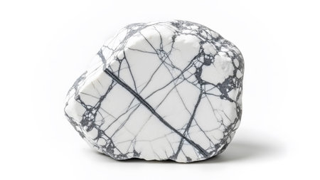 Smooth showing smooth white howlite gemstone with dark veining isolated on white studio...の写真素材