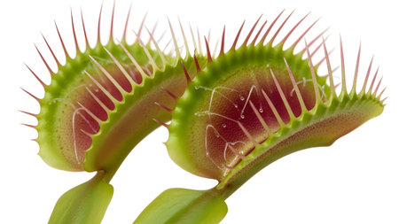 Two open Venus flytrap mouths are captured in detail, their inner surfaces a vibrant red, with...