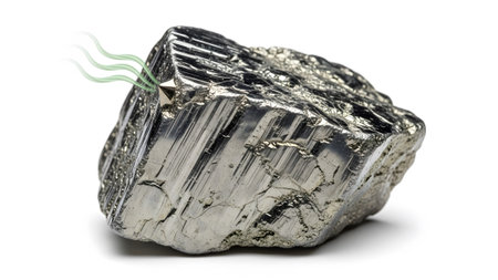 A metallic pyrite mineral has a small geometric shape from which green energy wisps are emanating.