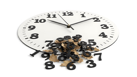 Numbers showing white analog clock with black arabic numerals and falling numbers with leaves....