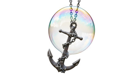 A rusty anchor hangs from metal chains inside a large, iridescent soap bubble reflecting rainbow...