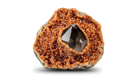 A dark smoky quartz crystal emerges from a vibrant orange amethyst geode formation on white.