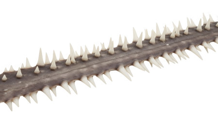 showing sawfish rostrum with sharp teeth close up isolated on white background.