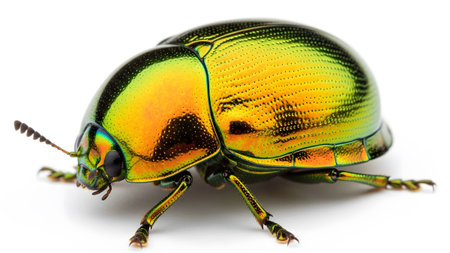 Jewel showing side view of a jewel beetle with iridescent green and gold shell on white.