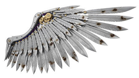 A detailed mechanical wing with silver metallic feathers, brass gears, and intricate mechanical...