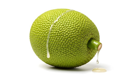 A whole green breadfruit with a bumpy rind white sap dripping from its stem onto a white surface.