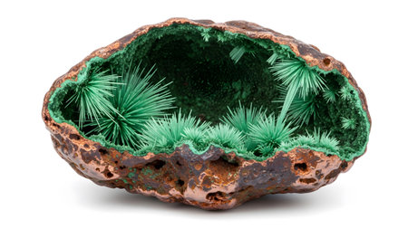 A rough copper geode's interior is filled with clusters of bright green acicular malachite...