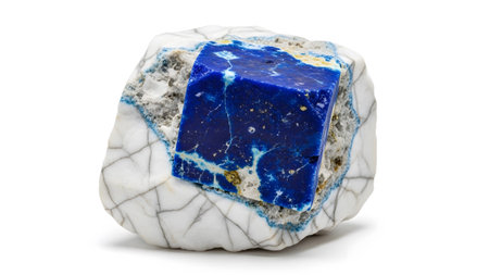 A raw lapis lazuli mineral specimen showcasing deep blue hues with white calcite matrix and...