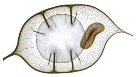 Background showing translucent oval seed pod with internal structure and seed on white...の写真素材