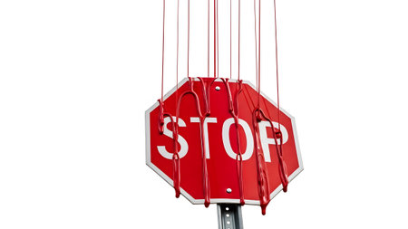 Stop showing red stop sign covered in dripping red liquid on a white background. resolution...