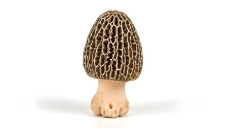 Stock showing single morel mushroom with honeycomb cap and textured stem on white.