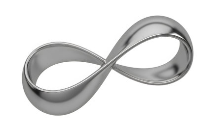 showing silver infinity symbol with a smooth, reflective surface on a white background....の写真素材