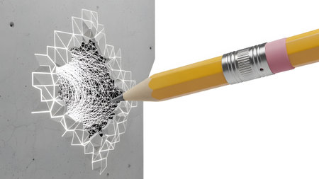 showing yellow pencil breaking through concrete wall revealing white geometric wireframe...