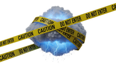 A dark storm cloud with lightning and rain is bound by yellow caution and do not enter tape on...