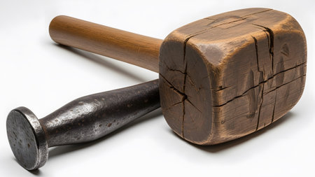 A rustic wooden mallet rests beside a metal striking tool, both showing weathered textures and...