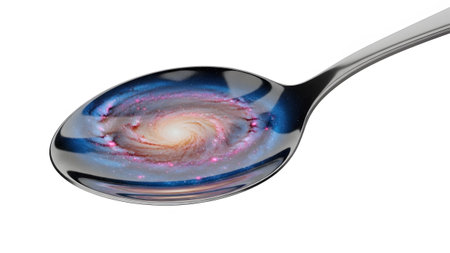 showing silver spoon holding a reflection of a bright spiral galaxy and stars on white...の写真素材
