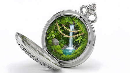 A detailed silver pocket watch is open, showcasing a vibrant miniature forest with a small...