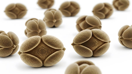 A collection of brown, multi-lobed pollen grains with textured surfaces are scattered on a white...