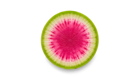 Watermelon showing slice of watermelon with vibrant pink center and green skin isolated...の写真素材