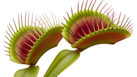 Two open Venus flytrap mouths with red interiors and green spiked edges are displayed against white.