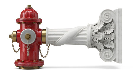 A bright red fire hydrant is connected to a white marble classical column with intricate...の写真素材