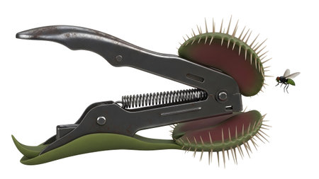 Venus showing venus flytrap with metal pliers and a fly on white background. resolution...