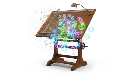 Table showing wooden drafting table with colorful glowing cubes exploding from a digital.