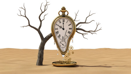 Pocket showing surreal melting pocket watch on a bare tree in a sandy desert. resolution...