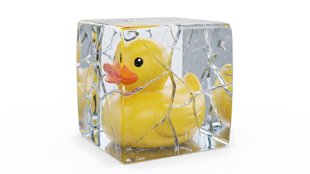 With showing yellow rubber duck frozen inside a cracked ice cube with sharp shards on white...の写真素材