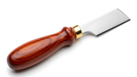 Chisel showing wooden handled chisel with gold ferrule and sharp metal blade on white.