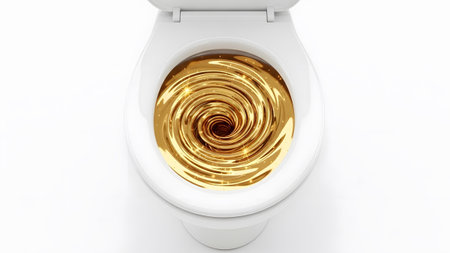 A white toilet bowl viewed from above a swirling vortex of golden liquid with sparkling particles.
