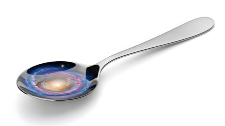 Nebulae showing silver spoon reflecting a colorful spiral galaxy with stars and nebulae on white...の写真素材