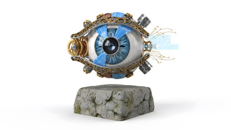 Pedestal showing steampunk mechanical eye with intricate gears and wires on a stone pedestal....