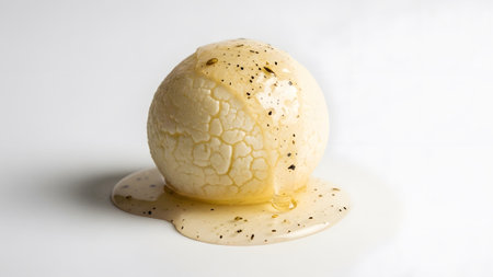 A spherical white cheese ball with a textured surface, drizzled with golden honey and speckled...の写真素材