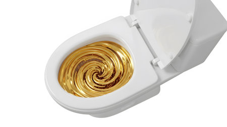 A white toilet bowl with an open lid a swirling vortex of golden liquid inside....