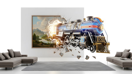 Room showing steam locomotive emerging from a framed painting in a modern living room.