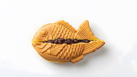Fish showing view of a fish shaped taiyaki cake with red bean paste filling. resolution...の写真素材