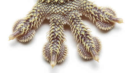 Adhesive showing intricate gecko foot with yellowish-beige spiky scales and adhesive toe pads on...